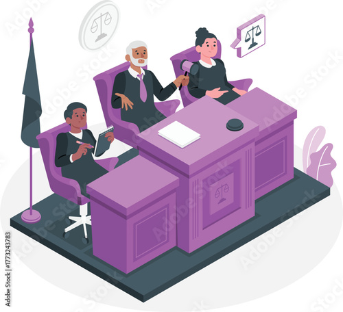 Judges Sitting at a Purple Court Desk with Scales of Justice legal
