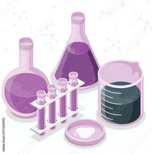Laboratory glassware with purple and dark liquids and molecular graphics science chemistry