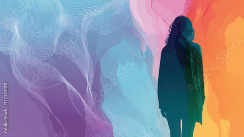 Woman in virtual chaos artwork stands gracefully against vibrant backdrop of swirling colors, evoking sense of wonder and creativity