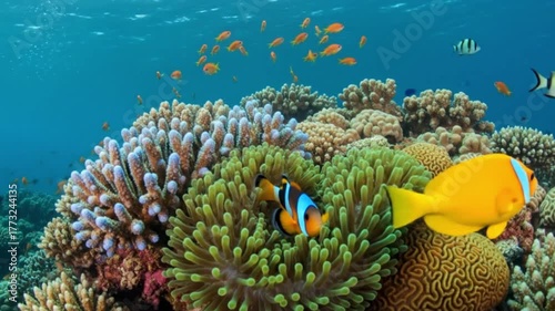 Vibrant coral reef scene featuring colorful tropical fish swimming among diverse corals and a sea anemone under sunlit blue water