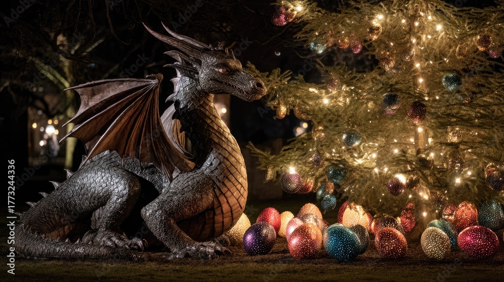 Fototapeta premium Festive Dragon Beside Christmas Tree with Colorful Ornaments