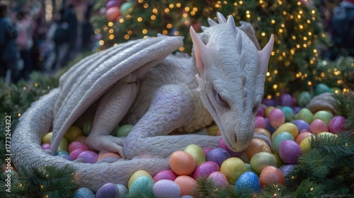 Fantasy White Dragon Surrounded by Colorful Easter Eggs in Garden