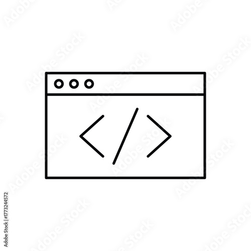 Code window icon crafted in clean outline style, isolated on a white background. Great for coding platforms, software interfaces, web development, and programming concept designs.