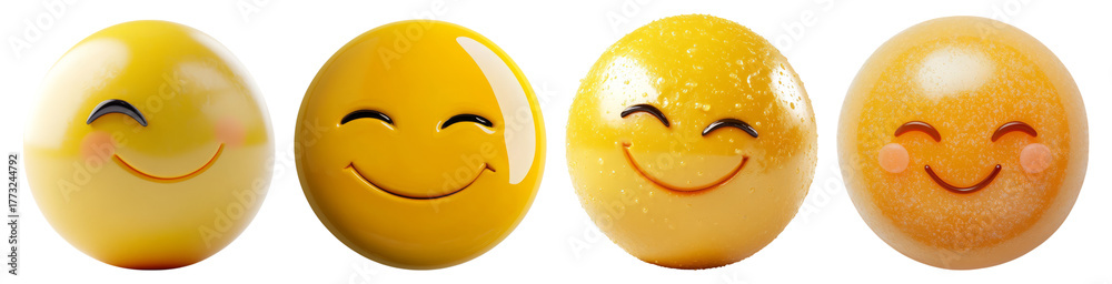 Fototapeta premium Four Cheerful Smiley Faces with Different Expressions and Styles, Isolated on Transparent Background