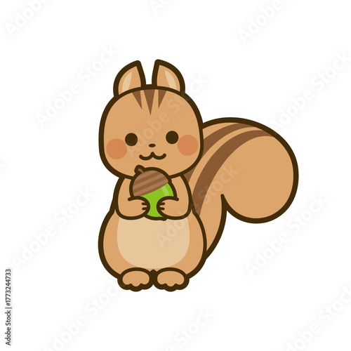 Cartoon squirrel holding an acorn, depicted in a cute and simple style on a white background.