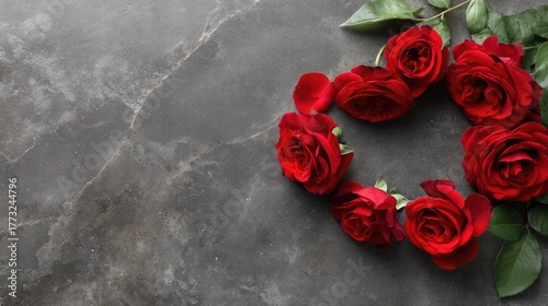 Red Roses Arranged in Heart Shape on Dark Stone Background