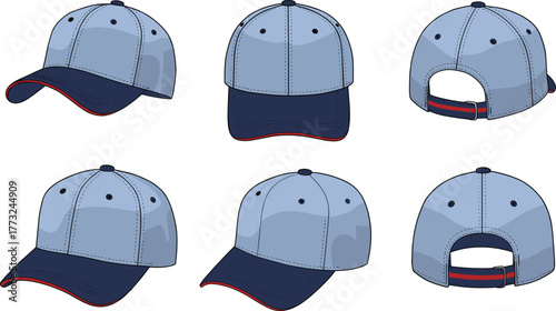 Light blue baseball cap with dark brim and red trim, six angle views, adjustable strap, detailed stitching, cad drawing flat vector illustration