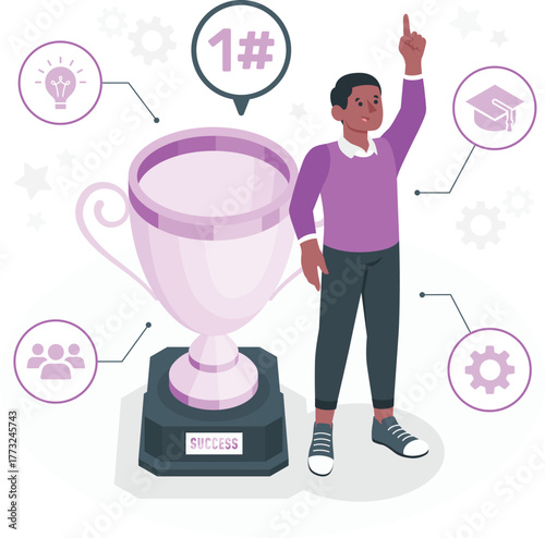 Man Celebrating Success With Trophy and Achievement Icons failed vector