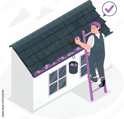 Man cleaning roof gutter with purple leaves and bucket on ladder house