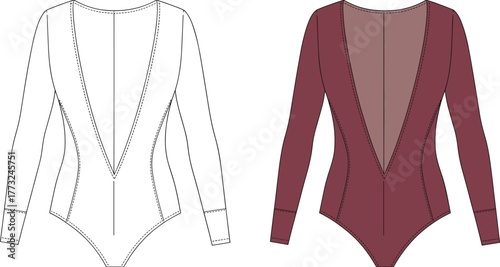 Long sleeve bodysuit design, deep V‑neck fashion illustration, CAD garment template, flat vector drawing, high cut leg, modern style