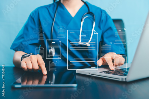 Doctor and medical worker in virtual environment to manage health information, quality certificates, checklists, document, analyst support marketing planning, medical report, work quality standard.