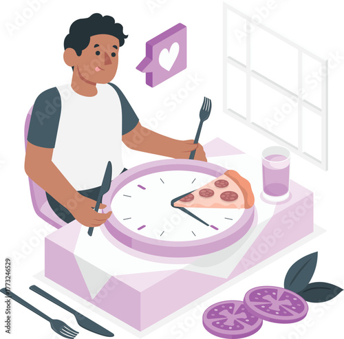 Man Eating Pizza at a Table with a Clock illustration lunch