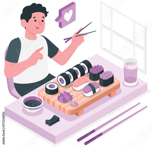 Man eating sushi with chopsticks and a glass of purple drink food japanese