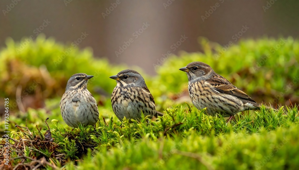 Fototapeta premium Three small birds on moss