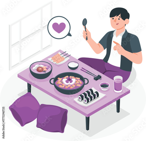 Man enjoying Korean food with heart symbol and spoon man eating love food