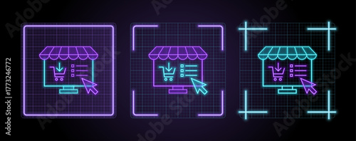 Online shopping marketplace icon illustration, cyber neon visual, glowing border grid vector.	