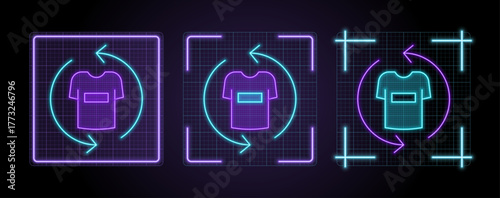 Return clothes icon illustration, cyber neon visual, glowing border grid vector.	
