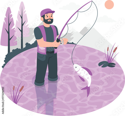 Man fishing with caught fish in purple water vector illustration reel