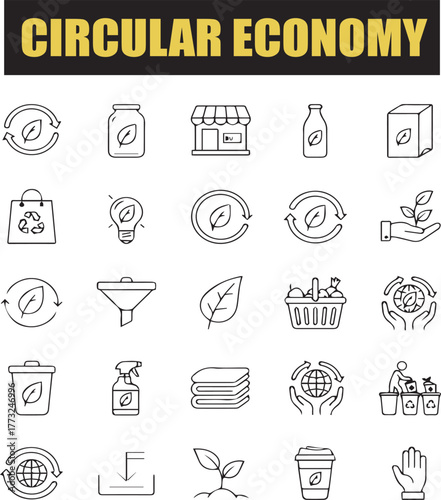 Modern Circular Economy Vector Icons – Environmental Responsibility and Sustainable Production Outline Set.
