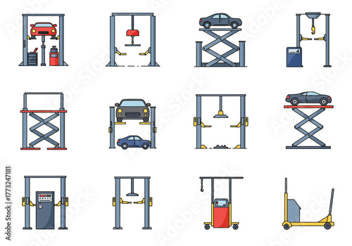 Pixel Art Icons of Automotive Repair Lifts and Equipment