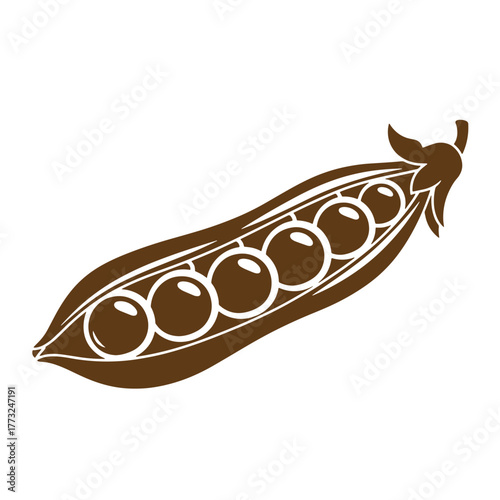 Open pea pod showing several peas in a brown and white vintage art style