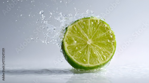 Bright citrus fruit slice encounters splashing liquid in  environment