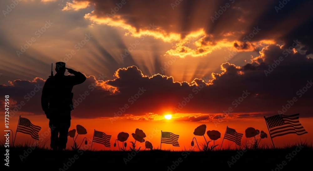 Fototapeta premium Veterans Day Sunset Remembrance Honoring American Heroes With Flags And Poppies November 11th