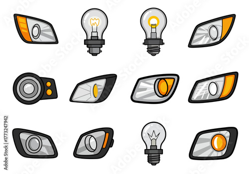 Collection of Cartoon Car Headlights and Light Bulbs