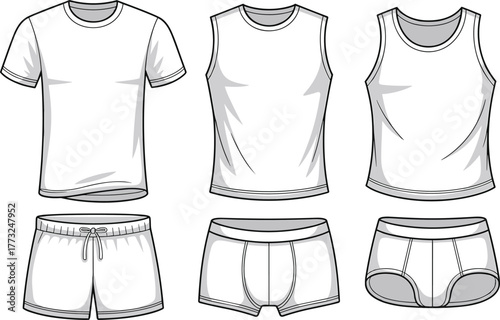 Men’s basic clothing set, flat vector illustration, CAD garment drawing, casual wear template, t-shirt, tank top, shorts, briefs, underwear