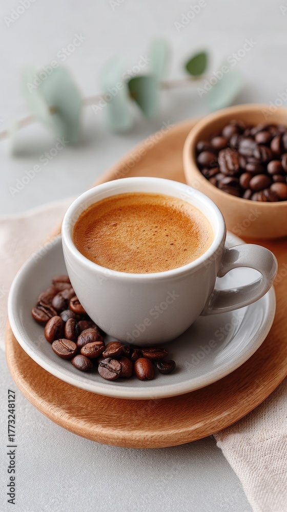 Fototapeta premium Styled Flat Lay Of Roasted Coffee Beans With Espresso In A Cup On A Wooden Tray With Green Leaves