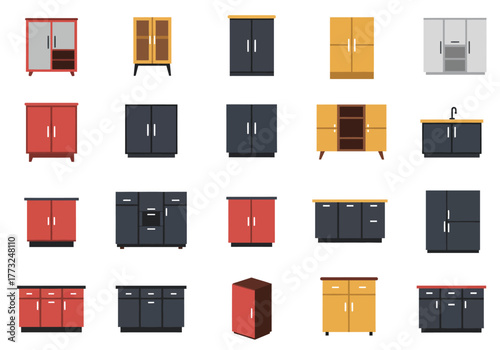 Diverse Kitchen Cabinet Set Modern Storage Solutions for Home Interiors, Flat Vector Design