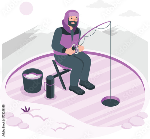 Man Ice Fishing in Winter Landscape with Mountains and Snow vector illustration