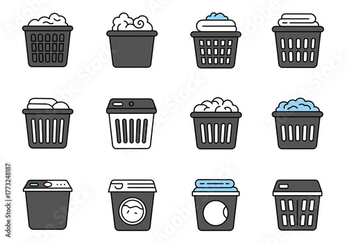 Laundry Day Icons Collection of Baskets and Washing Machines