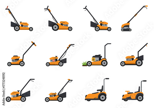 Collection of lawnmowers of different types for gardening work