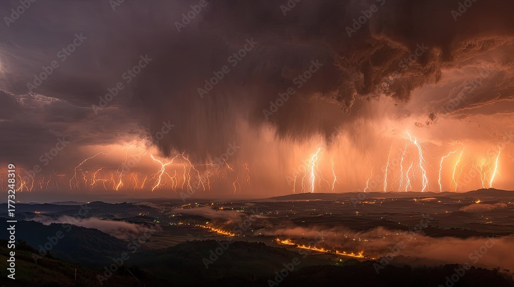Fototapeta premium Dramatic Thunderstorm with Lightning Strikes Illuminating Sky