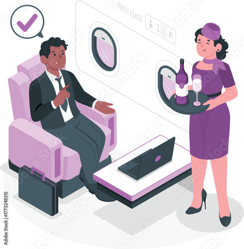 Man in first class airplane seat with flight attendant serving wine service passenger