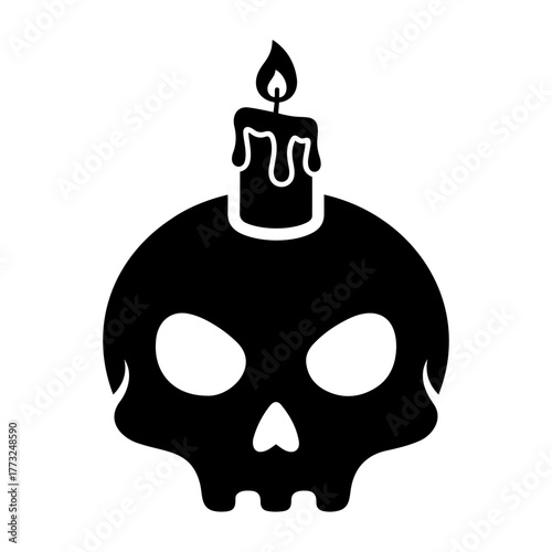 Dia de muertos icons vector black and white illustration of a skull with white eye sockets and a candle on top of it