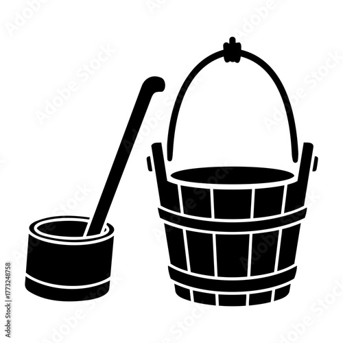 Dia de muertos icons vector illustration of a sauna bucket with a handle and a ladle, both in a simple black silhouette design