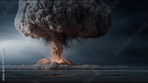 Terrifying nuclear bomb explosion creating massive atomic mushroom cloud. Ultimate weapon of war shows catastrophic power with huge blast and fire