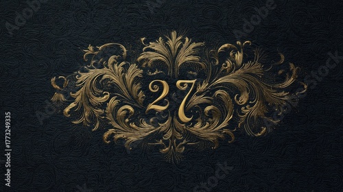 Elegant Golden Floral Design with Number Twenty-Seven on Black Background