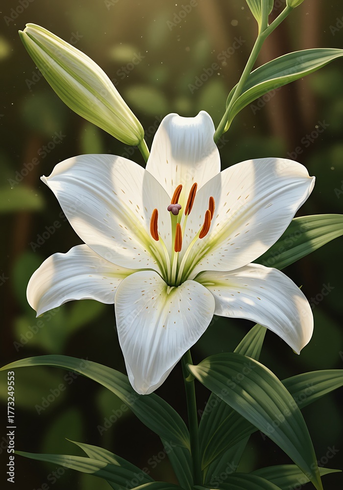 Fototapeta premium Beautiful white lily flower blooming in a lush green summer garden.