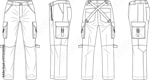 Men’s cargo pants flat sketch, tactical trousers fashion template, detailed technical drawing with pockets and straps, CAD drawing flat vector illustration