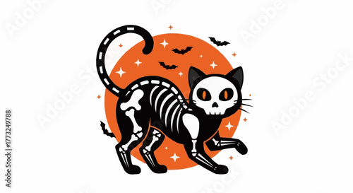 Spooky black cat skeleton with bats, perfect for Halloween designs and seasonal promotions, adding a touch of playful fright to your creative projects