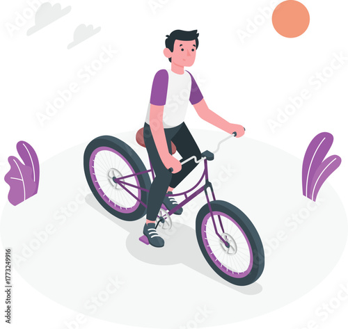 Man Riding Bicycle Outdoors with Sun and Clouds illustration ride
