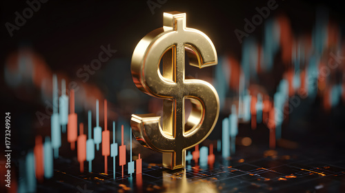 Golden dollar symbol and stock trend chart
