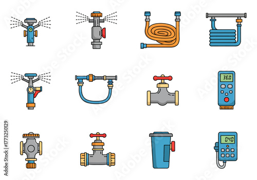 Irrigation System Components Illustration Sprinklers, Hoses, and Valves