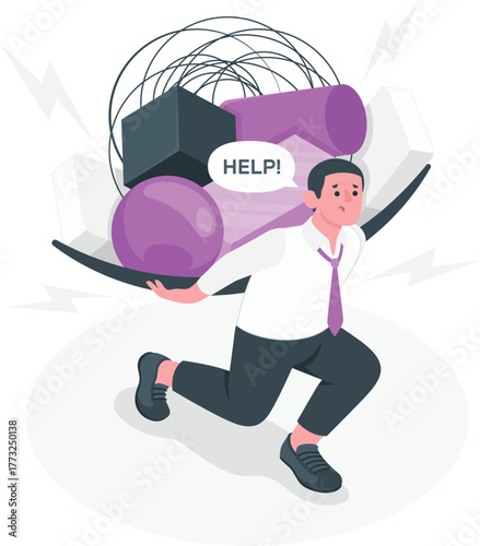 Man running with heavy objects and text bubble saying HELP carrying