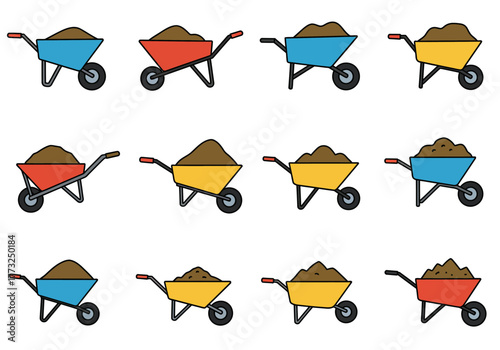 Collection of Colorful Wheelbarrows Filled with Different Materials