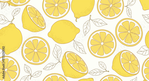 A vibrant and fresh seamless pattern illustration featuring whole and cut lemons with delicate leafy branches on a light background, perfect for summer designs.
