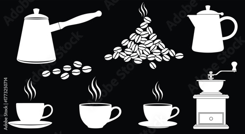 A collection of coffee-related items including steaming cups, whole beans, various pots, and a manual grinder, all rendered in a clean white silhouette on a black background.